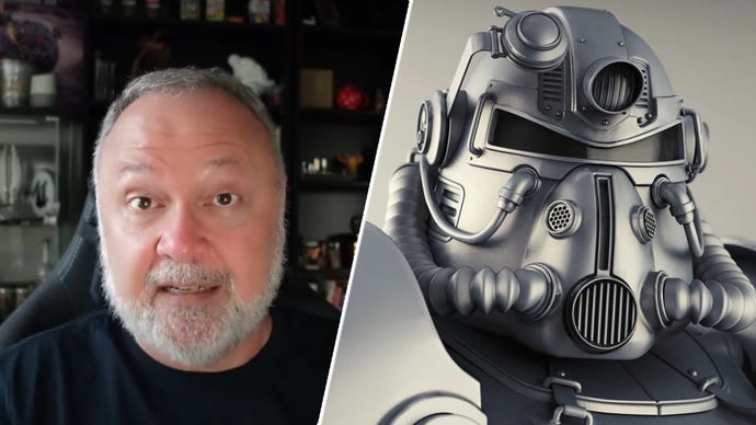 Tim Can next to a suit of Fallout's T-51 power armour.