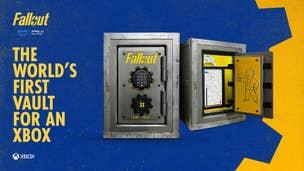 A custom Fallout-themed Xbox sat in a safe that looks like a vault from the game. Text reads "the world's first vault for an Xbox."