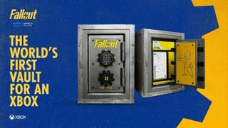 A custom Fallout-themed Xbox sat in a safe that looks like a vault from the game. Text reads "the world's first vault for an Xbox."