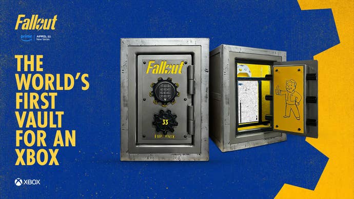 A custom Fallout-themed Xbox sat in a safe that looks like a vault from the game. Text reads “the world’s first vault for an Xbox."