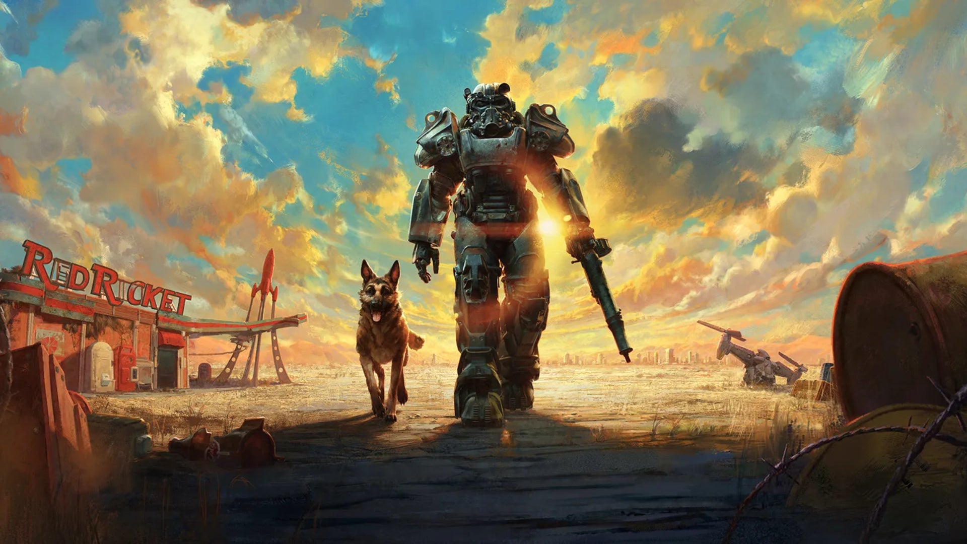 A powerfulness armoured Sole Survivor and Dogmeat successful Fallout 4.