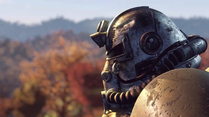 A character wearing T-51 power armour in Fallout 76.