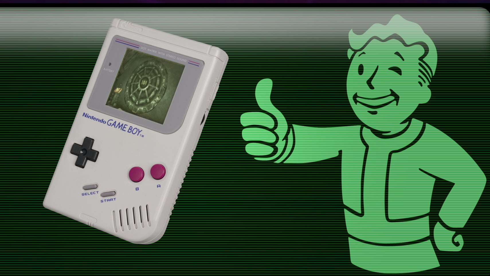 A Vault Boy next to Fallout 3 on the Gameboy. - 1