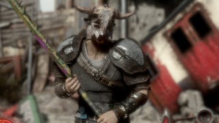 Screenshot of character in Fallout: London wearing armour and horned helmet holding a spiked bat