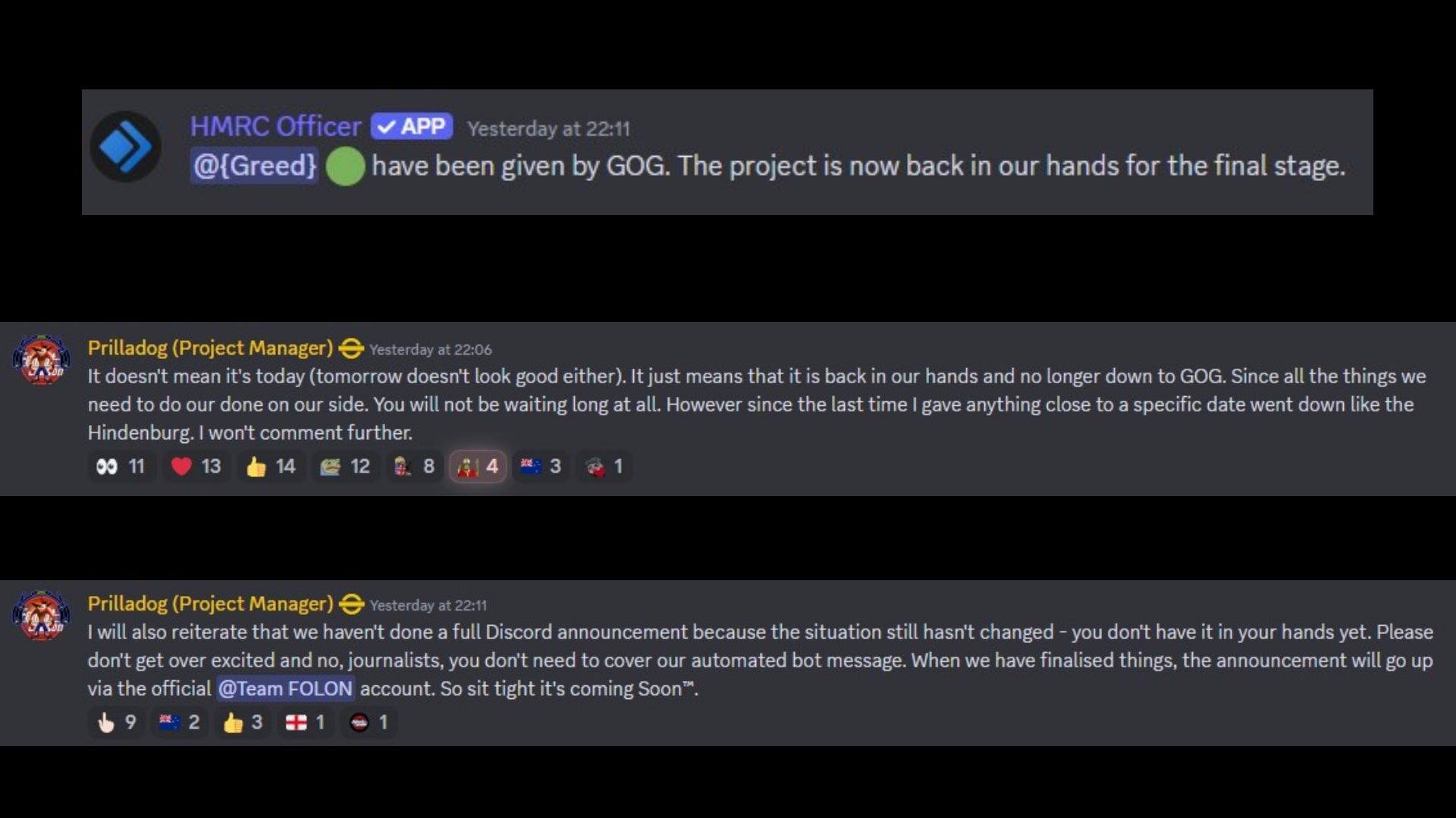 The messages about Fallout: London's current status one the Fallout: London Discord server. - 3