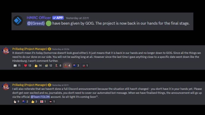 The messages about Fallout: London's current status one the Fallout: London Discord server.