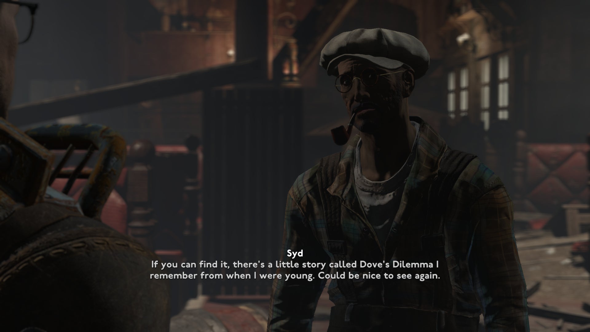 Sabertooth Syd talking about the Dove's Dilemma book in Fallout: London. - 3