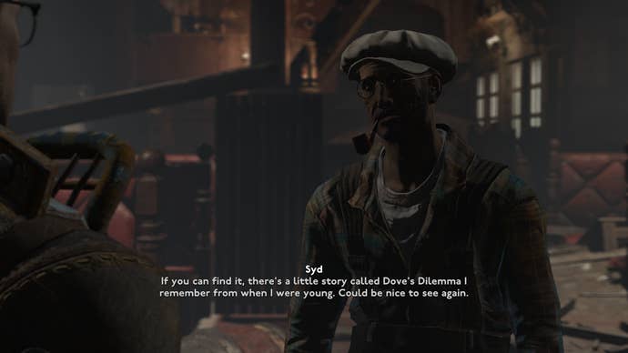 Sabertooth Syd talking about the Dove's Dilemma book in Fallout: London.