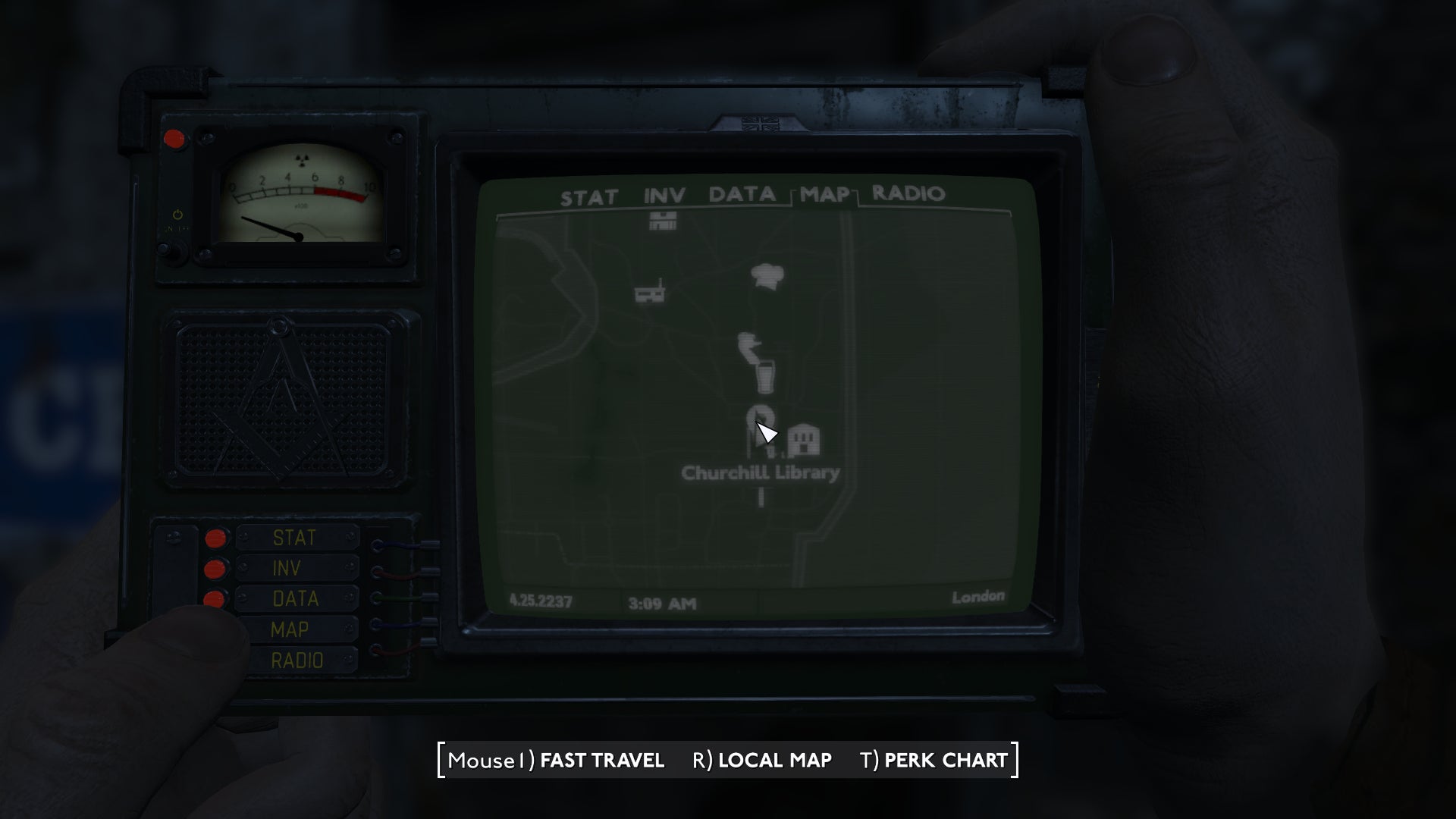 A map screen showing the location of Churchill Library in Fallout: London. - 4