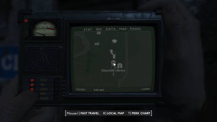 A map screen showing the location of Churchill Library in Fallout: London.