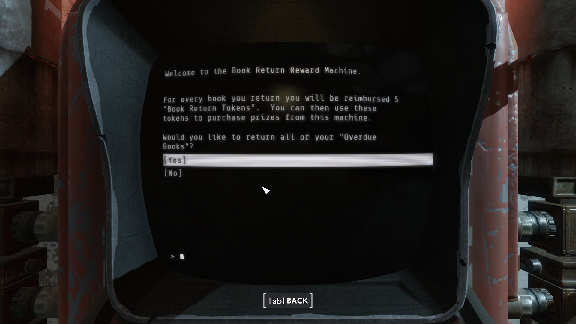 A terminal screen showing the book return terminal in Churchill Library in Fallout: London. - 6