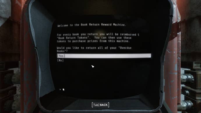 A terminal screen showing the book return terminal in Churchill Library in Fallout: London.