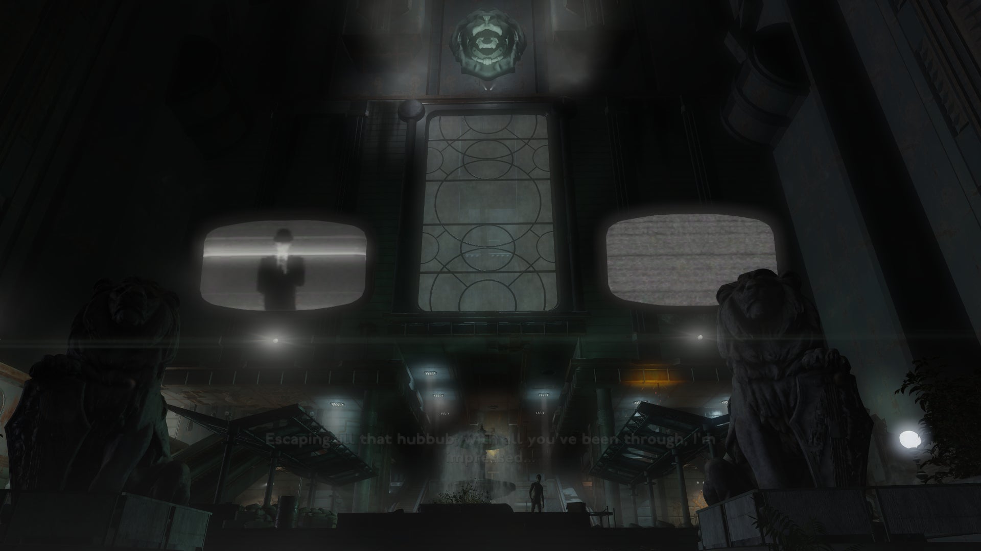 Two large TV screens playing an ominous message from the Gentry in Fallout: London. - 5