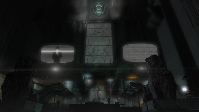 Two large TV screens playing an ominous message from the Gentry in Fallout: London.