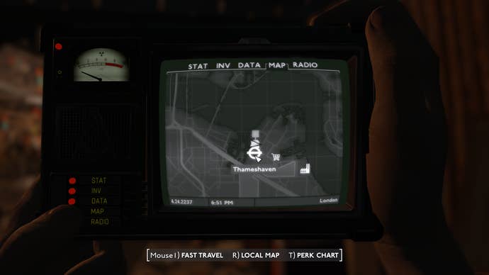 A map screen showing the location of the Thamesfolk's home, Thameshaven, in Fallout: London.