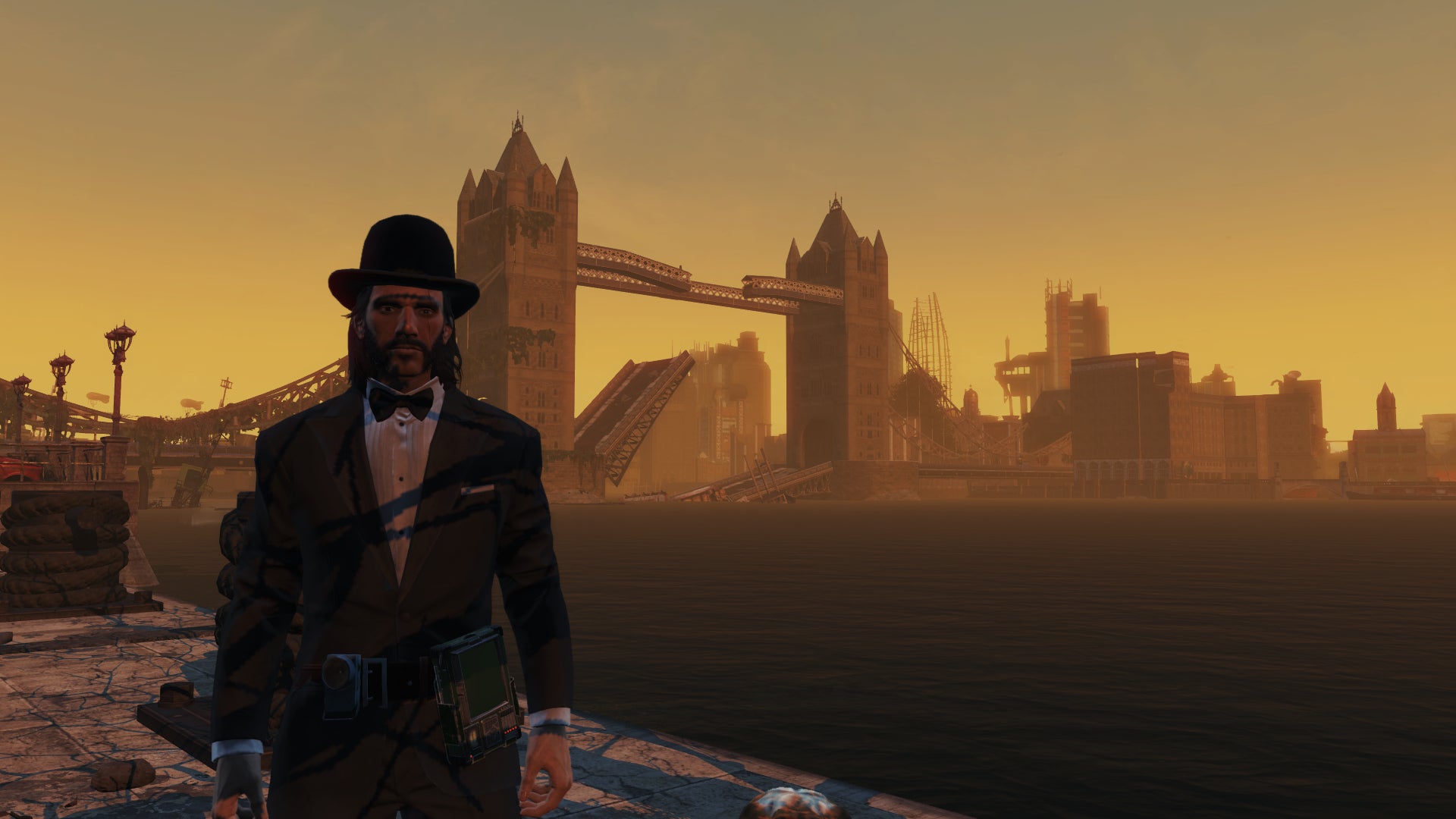 A Fallout: London character standing in from of the ruined tower bridge. - 1