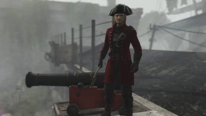 A Fallout: London character standing next to a cannon.