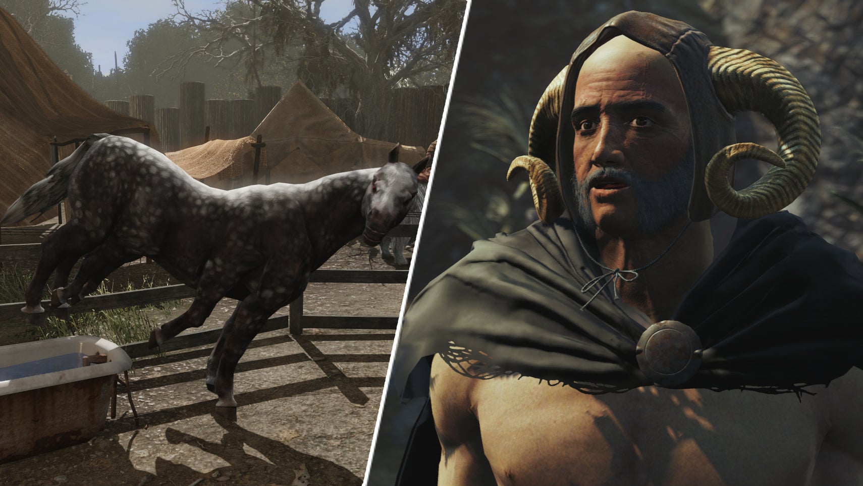 A horse not behaving in Fallout: London next to the leader of Brickton. - 1