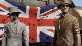 Two characters in masks, top hats and suits stand in front of the Union Flag in Fallout 4 mod Fallout: London