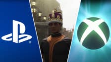 A Fallout: London characta up in a cold-ass lil crown between Xbox n' PlayStation logos.