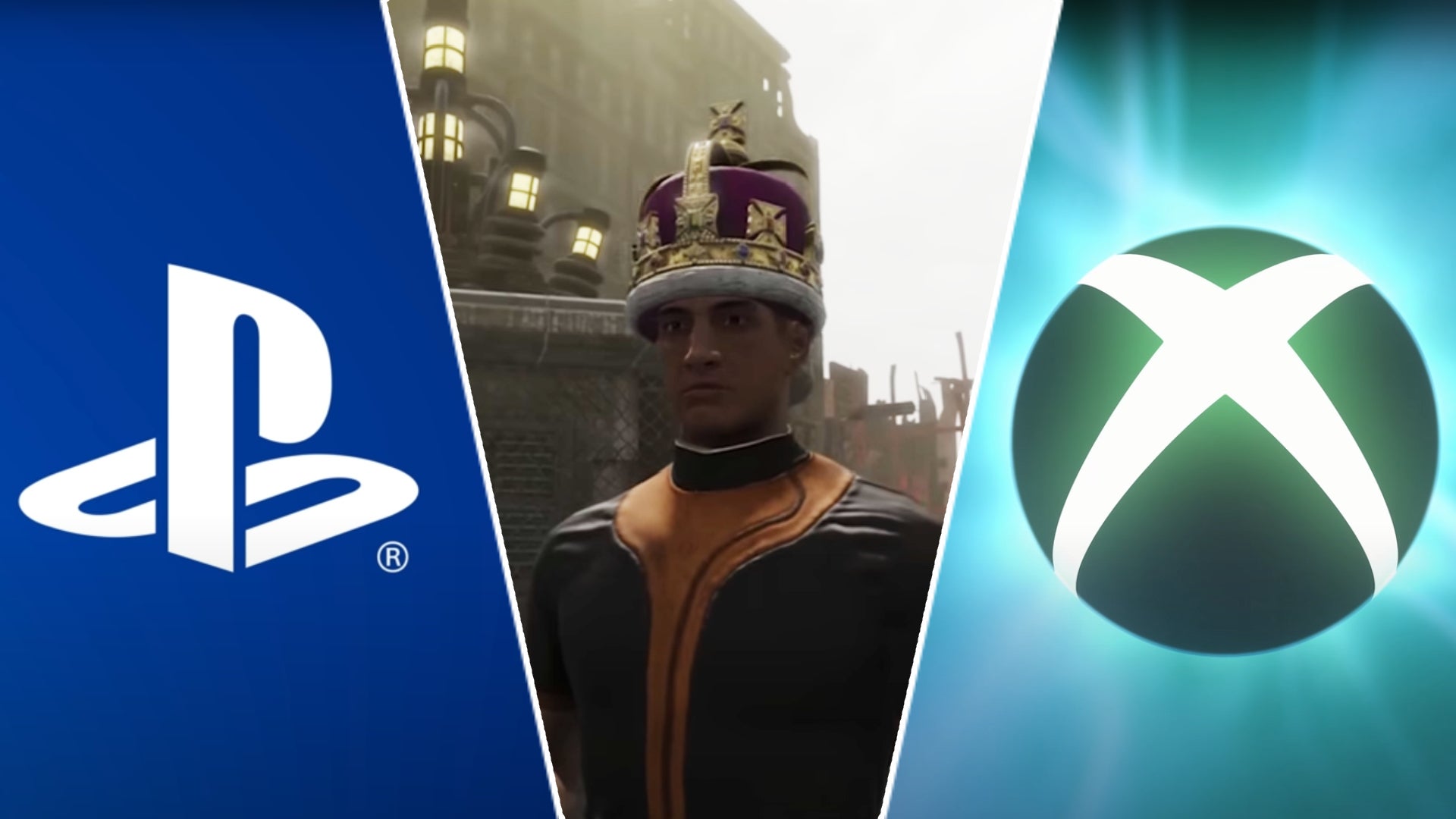 A Fallout: London character in a crown between Xbox and PlayStation logos. - 1