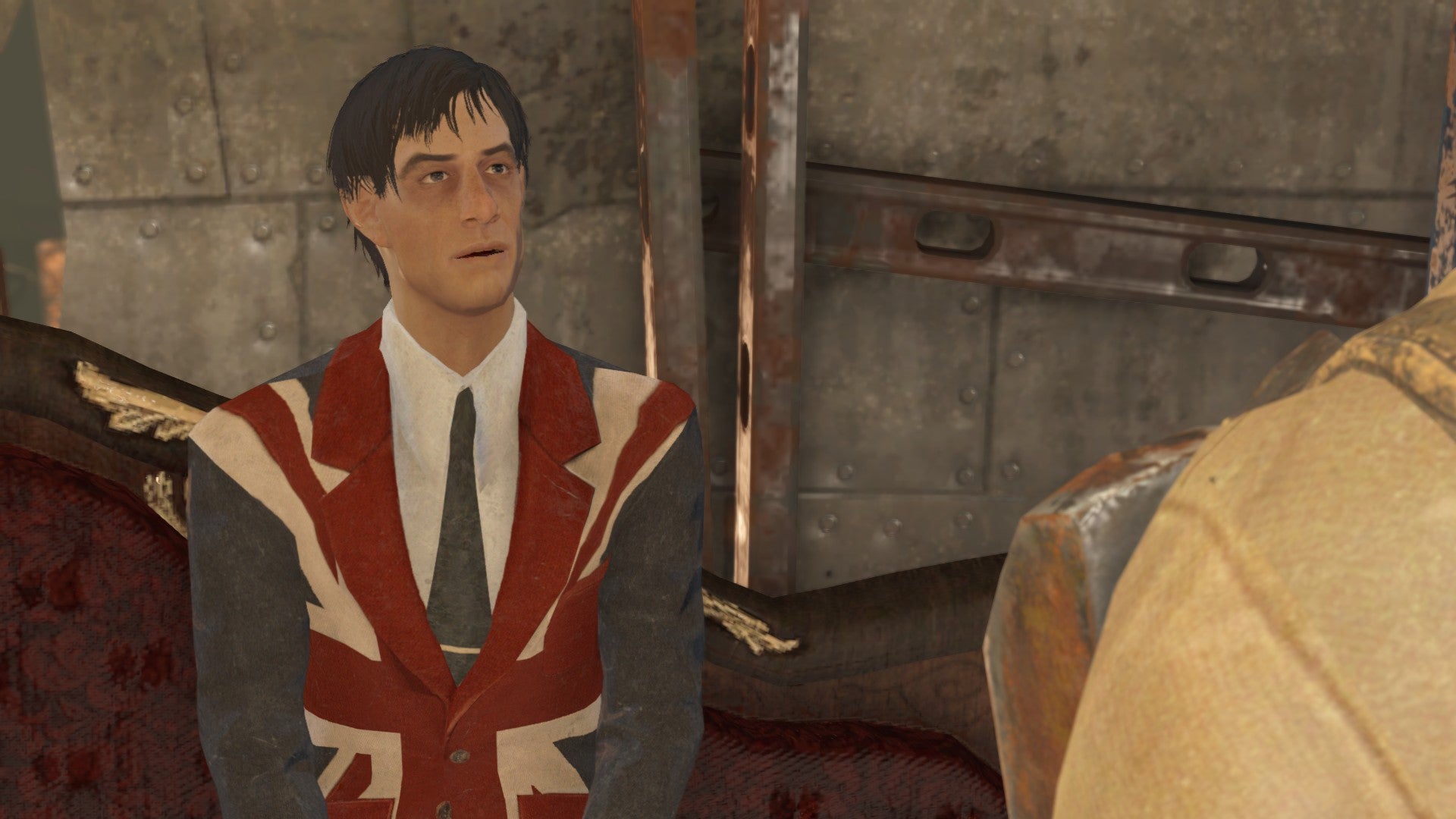 The leader of the Roundels wearing a union jack suit in Fallout: London. - 1