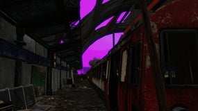 A purple sky above a tube train in Fallout: London.