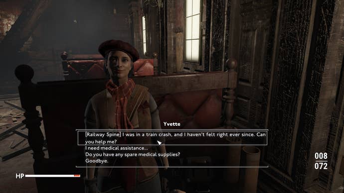 Yvette, one of the Vagabonds, offering to fix the Wanderer’s Railway Spine in Fallout: London.