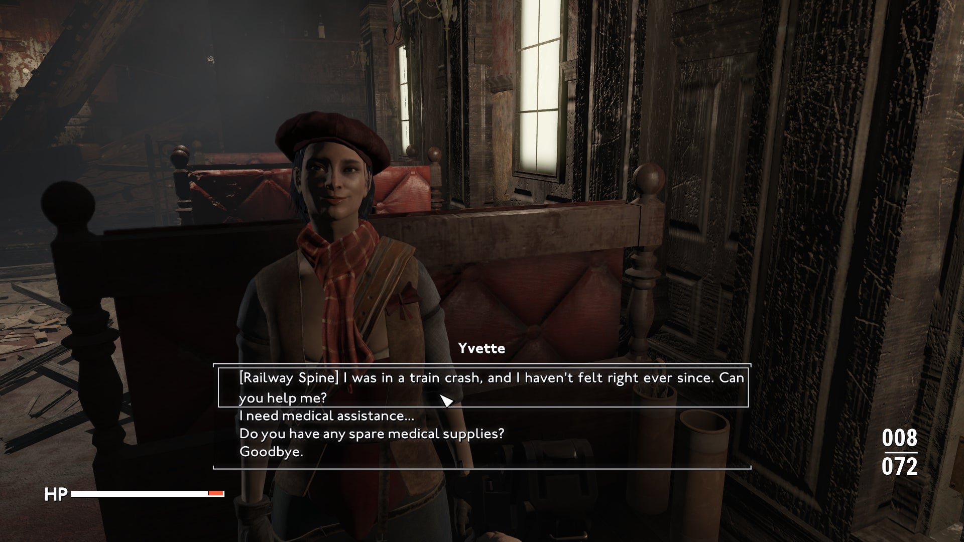 Yvette, one of the Vagabonds, offering to fix the Wanderer's Railway Spine in Fallout: London. - 1