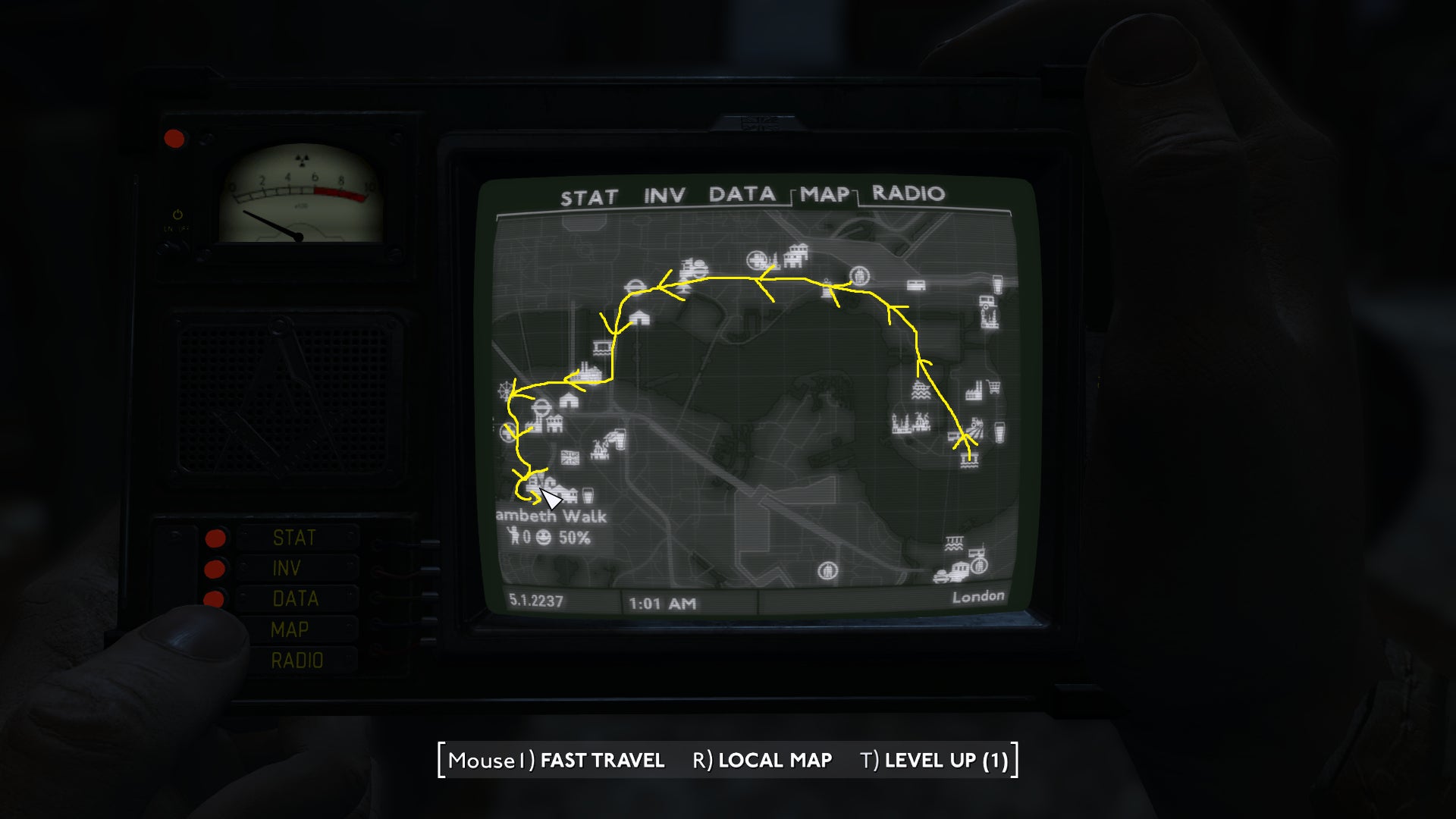 A map screen showing the route from the Isle of Dogs to the Lambeth Walk Settlement in Fallout: London. - 3