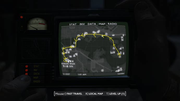 A map screen showing the route from the Isle of Dogs to the Lambeth Walk Settlement in Fallout: London.