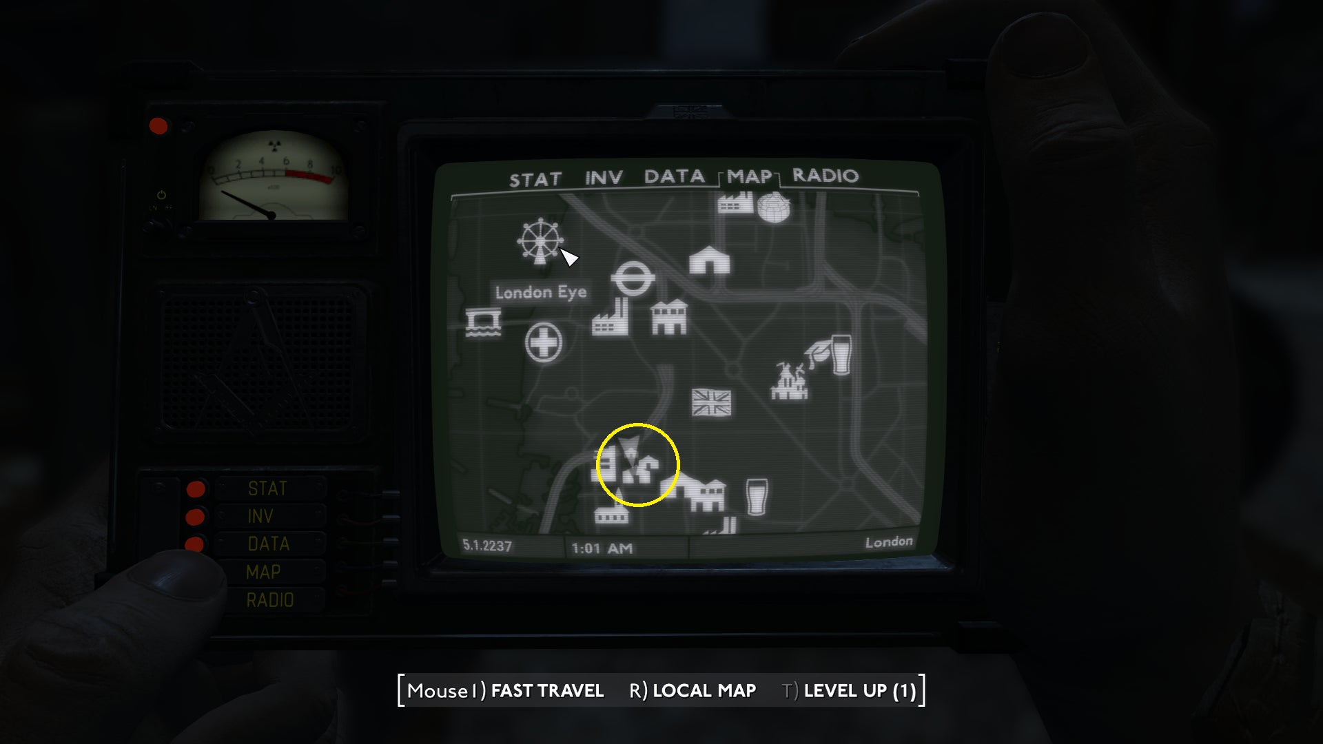 A map screen showing the location of the Lambeth Walk settlement in relation to the London Eye in Fallout: London. - 4