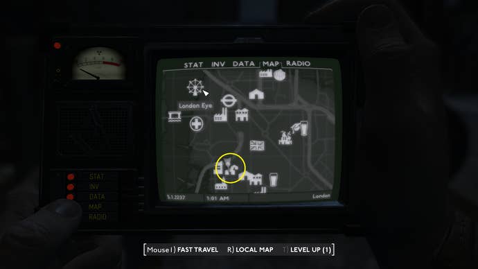 A map screen showing the location of the Lambeth Walk settlement in relation to the London Eye in Fallout: London.