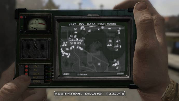 A map screen showing the location of the London Bridge settlement in Fallout: London.