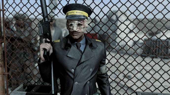 Screenshot of Fallout London showing traffic warden in uniform holding a gun