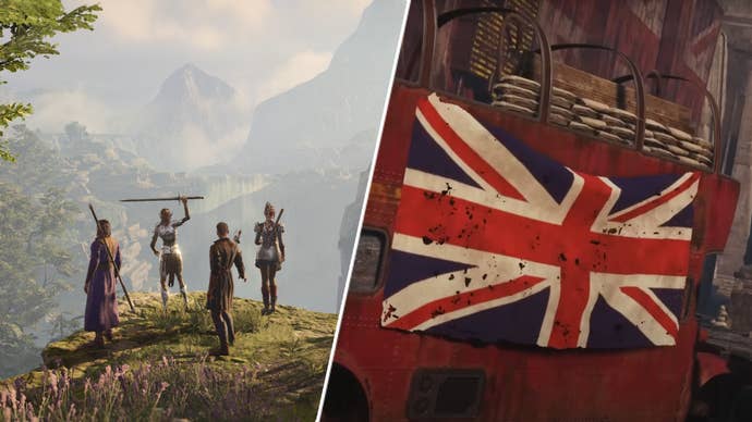 The party in Baldur’s Gate 3 alongside a union jack on Fallout: London.