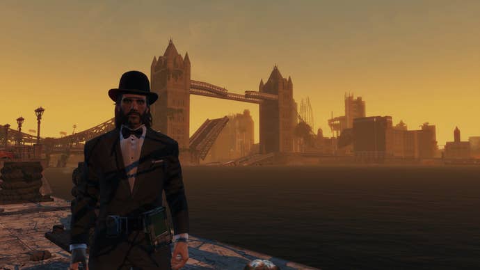 London quality successful a bowler chapeau lasting successful beforehand of the Tower Bridge.