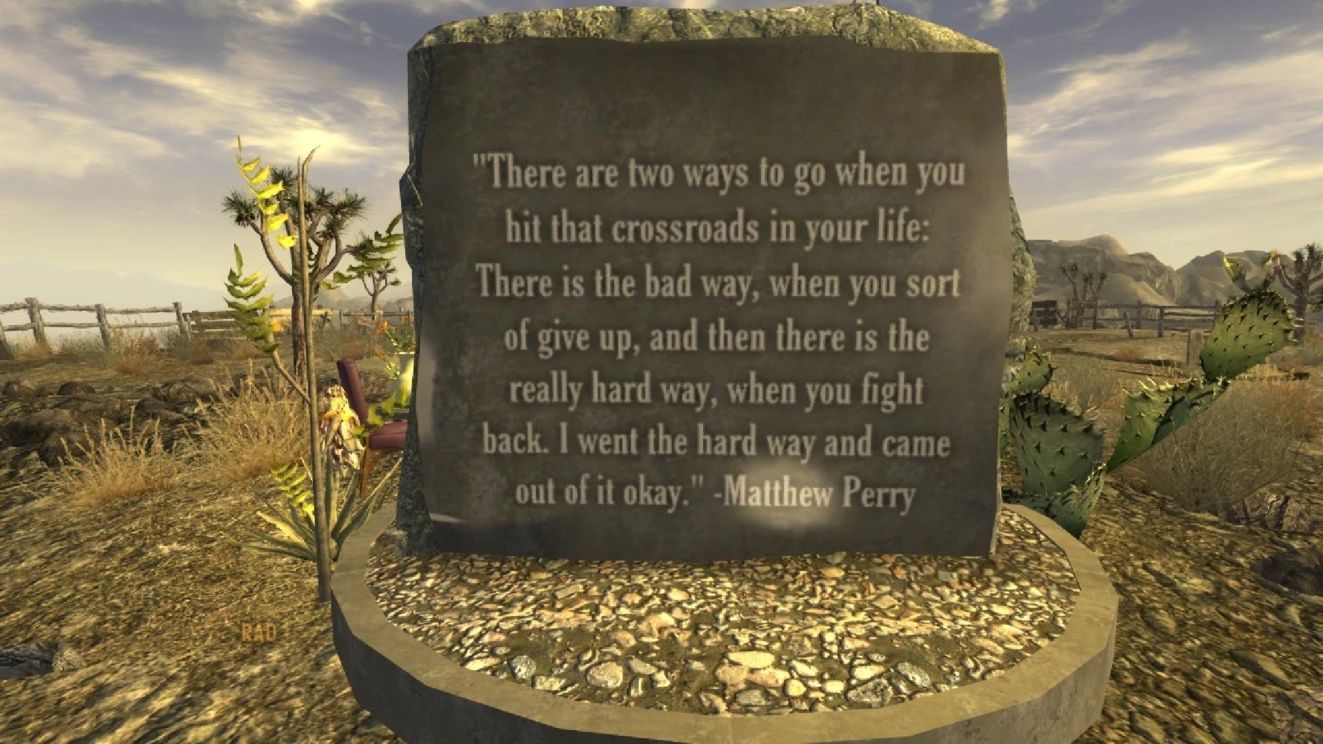 The quote from Matthew Perry on the back of his Fallout New Vegas memorial. - 4