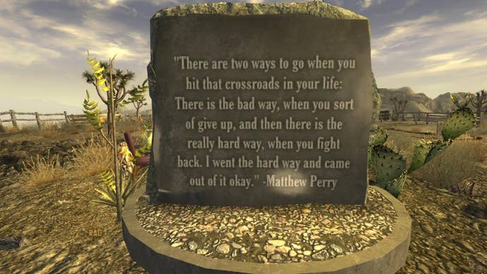 The quote from Matthew Perry on the back of his Fallout New Vegas memorial.