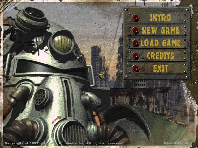 A close-up of a Brotherhood of Steel helmet from the original Fallout game, next to the title's main menu.