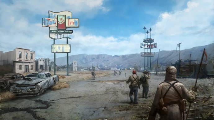 A group of businessmen travel in Fallout New Vegas concept art.