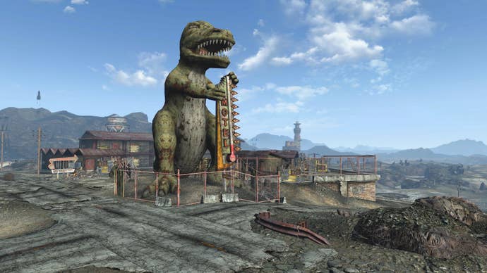 A wasteland road leading to a rundown hotel. A sign points to the hotel with the town’s name, Novac. At the forefront is a massive T-Rex roadside attraction. Dinky holds a sign which reads MOTEL.