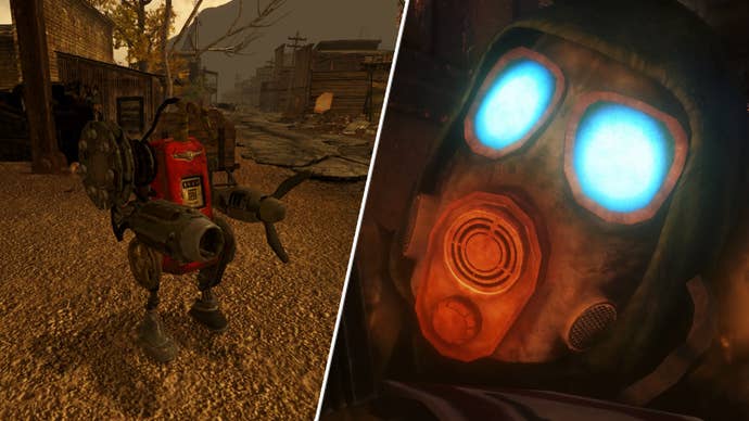A petrol pump robot in the player wearing some unique armour in Fallout New Vegas mod Fallout: Revelation Blues' Burham Springs demo.