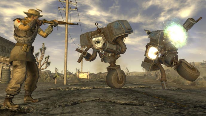 A player shooting two Securitrons in Fallout: New Vegas