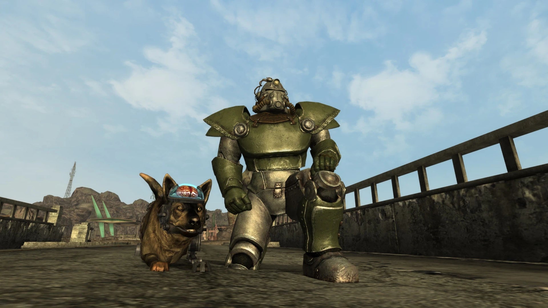 Fallout New Vegas' courier in power armour next to a sneaking dog. - 1