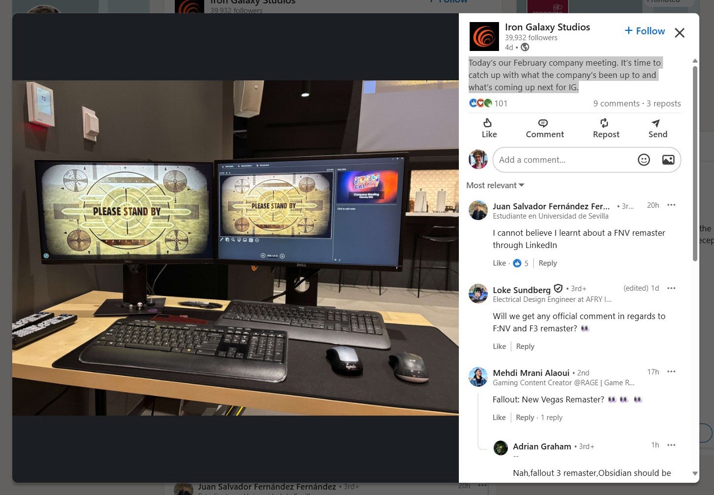 A screenshot of a LinkedIn post showing a desktop computer with a Fallout "please wait" image on its two screens.