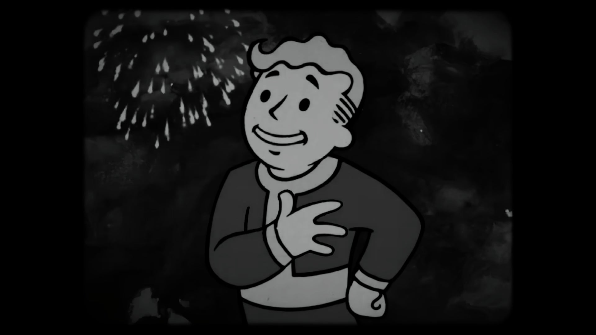 A Vault Boy standing in front of some fireworks in the latest teaser for New Vegas mod Fallout: The New West. - 1