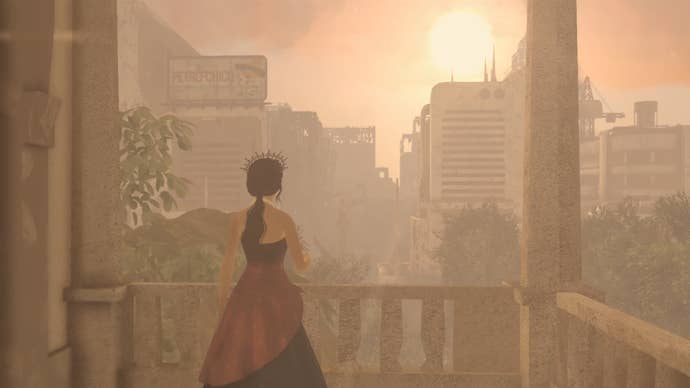 A woman in a red dress on a balcony overlooking a city at sunset in Fallout: Nuevo Mexico.