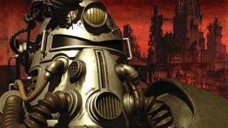 Original Fallout cover art showing a character wearing T-51 power armour standing against a decimated city skyline.