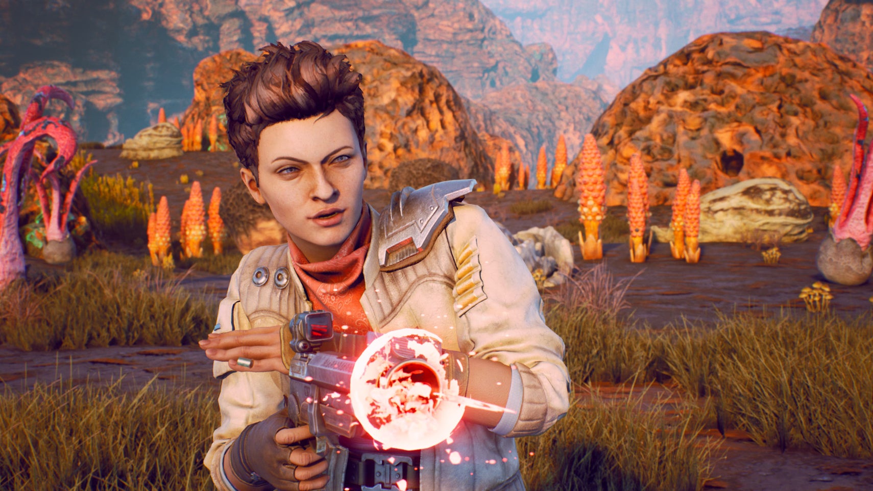 Ellie shooting a blaster in The Outer Worlds. - 1